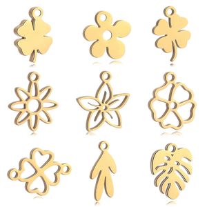 Colares pendentes 5pcs/lotas de tema floral encantos de flores de aço inoxidável sakura/pêssego Blossom/trevo pingentes