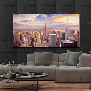 New York City Poster Drucke Sonnenuntergang Ansicht Skyline Manhattan Leinwand Malerei Landschafts Wandkunst Bild für Wohnzimmer Wohnkultur