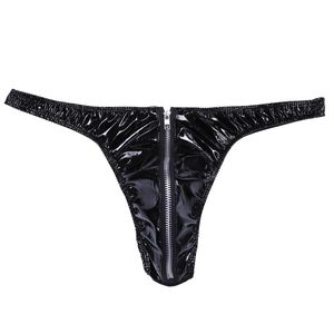 Män sexiga latexöversikter Gay Underwear Zipper Underpants Men Faux Leather Bikini Erotic underkläder G-String och Thongs Sissy trosor