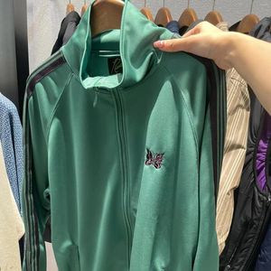 Men's Hoodies Vintage Green Needles Sweatshirts Butterfly Embroidery Side Stripe HipHop Coat Men Women Loose Casual Zipper Sportswear