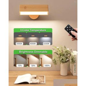 Wall Lamp Wood Remote Control 3 Tone Cordless Mount Light For Reading 360 Rotation Sconce Magnetic Bedroom Drop Delivery Ho Homefavor Dhleg