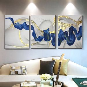 3 Panels Abstract Blue Gold Wave Canvas Painting Poster and Print Wall Art Pictures for Living Room Modern Home Decor Artwor