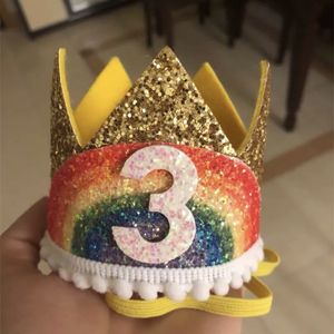 1-9 Rainbow Birthday Crown Hats Baby Shower Kids Birthday Party Digital Hat Decorations Boy Girl Hair Accessory Supplies
