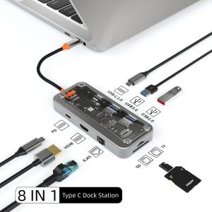 Hubs 8 Ports Şeffaf USB C Hub PD PD 100W Tip C ila 4K30Hz Dizüstü bilgisayar istasyonu ayırıcı HDMI PD 3.0 USB RJ45 TF SD Kart Okuyucu