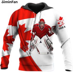 Nome personalizzato Hockey Player Canada Stampa 3D 3D Giacca con cerniera con cappuccio Felpa casual Felpa con cappuccio Pullover unisex Outwear Women Coat