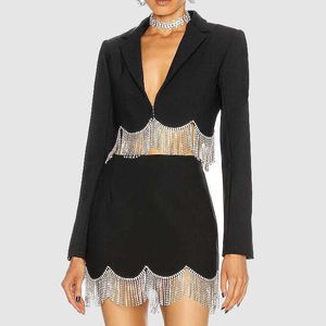 New Fashion Design Tassel Rhinestones Blazer Femme Suit Cropped Tops and Skirts Streetwear Style Short Sexy Jacket for Women
