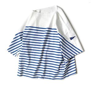 Men's T Shirts 22SS KAPITAL Hirata Hiroshi Blue And White Striped Color Matching Loose Three Flag Round Neck Short Sleeved T-shirt Men