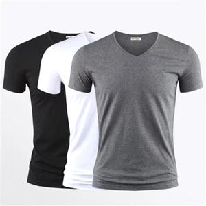 Mens T Shirt Pure Color V Collar Short Sleeved Tops Tees Men TShirt Black Tights Man TShirts Fitness For Male Clothes 240401