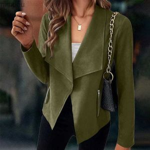Kadınlar Suits Blazers Kadın Takım Ceket Katı Süet Yaka Fermuar Cep Ofisi Gaziye Edilen Resmi İnce Haligan Top Moda Sokak Giyim S-XL C240410