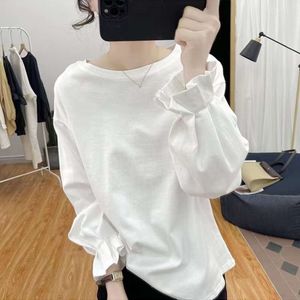 Fashionable Design with Flower Bud Sleeves, Pure Cotton Long Sleeved T-shirt, Women's Spring and Autumn New Loose Round Neck, Age Reducing Base Shirt Top