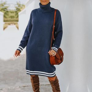 Casual Dresses Turtleneck tröja klänning kvinnor 2024 Autumn Stripe Splice Sticked Kne-Length Winter Thicken Long Sleeve High Quality