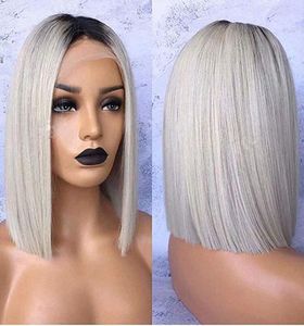 Stock Grey ombre peruca raízes escuras Wigs Bob Short para África Americna Synthetic Lace Front Wig Resistente ao calor Cabelo sintético5245471