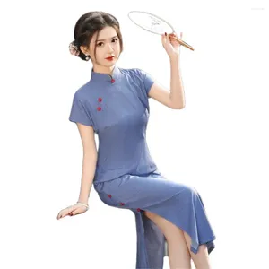 Etnisk kläder vår sommar elegant temperament cheongsam solid färg korta ärmar kinesiska traditionella retro qipao klänning kvinnor dagligen