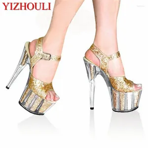 Sandaler Gold Crystal Glitter 15cm Ultra High Heels Platform Dance Shoes Gorgeous 6 Inch