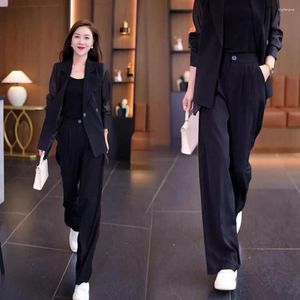 Women's Two Piece Pants Turn-down Collar Coat Set Elegant Business Suit With Wide Leg Mesh Sleeve For Women Formal Office Wear Spring