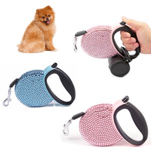 Automatic Retractable Leash for Pet, Blue and Pink Rhinestone, Bling Crystal Dog Leashes for Cat, Flat Line, 3M