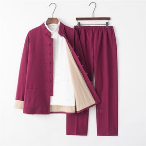 3st kinesiska traditionella tang kostym manlig solid linne kung fu enhetlig retro casual plus size tai chi 9 colors kläder set för man