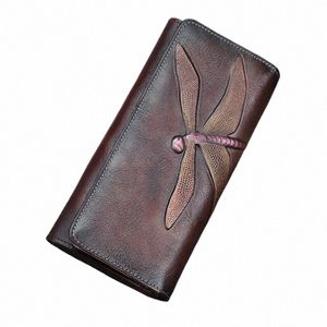 Genuine Leather Women Women Wallet Clutch Burse Id/Crédito C Holder Dragoy Padrão Retro Cowhide Mey LG Walets 95Hz#