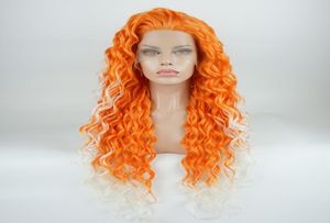 Iwona hår lockigt lång orange rot vit ombre peruk 1832001001 halv hand bunden värmebeständig syntetisk spets främre wigs6868080