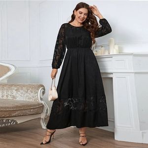 Plus Size Lace Women Dress See Through LongeeLeDs Robe Scroop Neck Solid Color Autumn Female Elegant klädklänning 240410