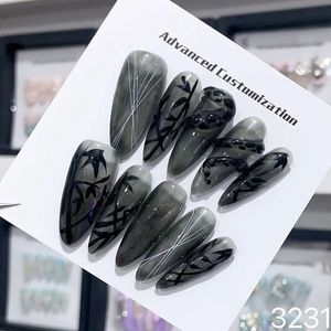 Handmade Black Press on Nails Hand Paint Mediumlength Almond Reusable Adhesive False Full Cover Acrylic Nail Tips Girls 240328