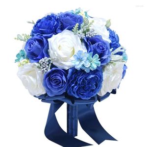 Decorative Flowers Handmade 25cm Blue And White Mixed Blossom Rose Ribbons Artificial Flower Bouquet Wedding Decor Holding