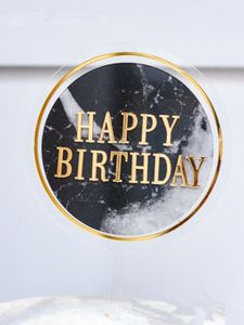 New INS Gold Black Marble Acrylic Cake Topper Round Shape Happy Birthday Cupcake Topper For Baby Shower Wedding Cake Decortion