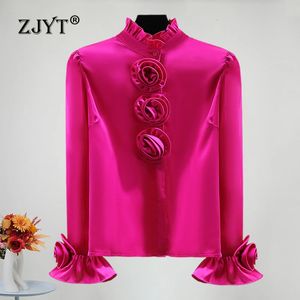 Zjyt 3d blommor satin tröjor blusar kvinnor vårkontor lady långärmad blusa kvinnliga toppar rufsa krage modeparty camisas 240326