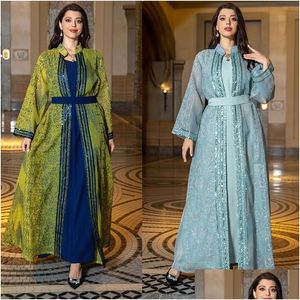 Ethnische Kleidung im Nahen Osten muslimisch Abaya zweiteiliger Dubai Kleider eleganter Strickjacken Langarm Stickerei Abendkleider Vestidos Dhvk2