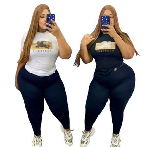 4XL Plus Two Piece Pants Tracksuits Women Casual Crew Neck T-shirt and Leggings Set Free Ship