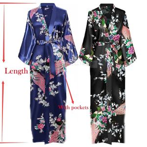 Sexy Frauen langer Robe mit Tasche Hochzeit Braut Brautmädchen Dressing Kleid Rayon Kimono Bademant