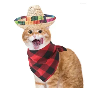 Dog Apparel Pet Straw Hat Funny Caps Sombrero Towel Costume Set Washable Cat Scarf Accessories Plaid Mouth Party Decorations