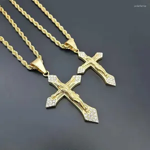 Hänghalsband Hip Hop bling is ut guldfärg rostfritt stål inri korsfix Jesus Cross Halsband för män Rapper smycken
