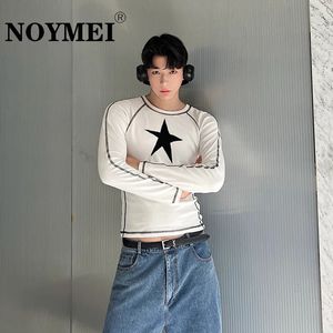 NOYMEI Star Patternautumn Niche Design Y2K Spicy Style Color Contrast Pentagram Fashion Long Sleeved T-shirts Men Top WA2045 240410