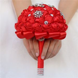 Hot Red Bride and Bridesmaid Holding Bouquets, Pearl Rhinestones Satin Rose Buquets, Handmade Wedding Supplies HS004