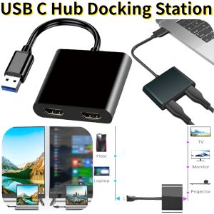 Nav USB C -nav till dubbla HDMicompatible 4K HD USB 3.0 Hub Adapter Docking Station Dual Screen 2 Ports for Laptop Computer Mobile Phone