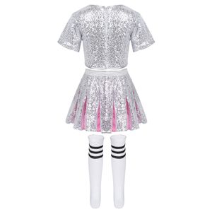 Kids Girls Cheerleading Outfit Hip Hop Jazz Dance Costume Children Shiny Sequin Short Sleeve Crop Top with Skirt Socks Dancewear