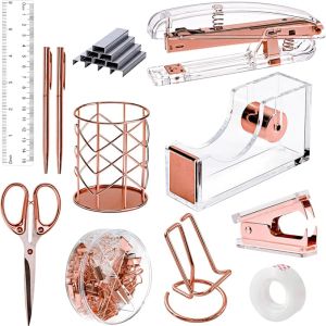 Stapler Rose Gold Acrylic Office Supplies Set Desk Accessories Stapler Set Remover Phone Pen Holder Scissor Ruler Tape and Staples