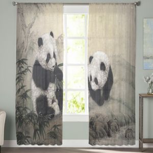 Animal Cute Panda Bamboo Ink Painting Sheer Curtains for Living Room Tulle Curtain for Bedroom Kitchen Window Voile Curtains