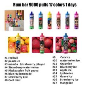 Neue Original Rum Bar 9000 Puffs Einweg-E-Zigaretten 2 % 5 % EU Warehouse 650mAh 18ml Autorisierte Netzspule mit Batterie wiederaufladbar 17 Farben Kristall Vape Stift