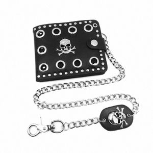 Couro Cool punk punk gótico Western Skull embreagem carteiras com corrente para homens 172i#