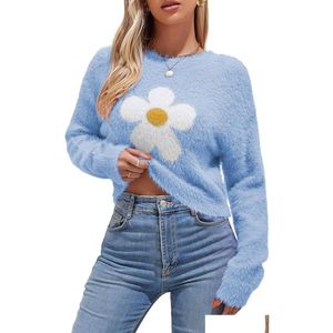 Womens Knits Tees Zaf Fuzzy Knit Sweater Floral Daisy Print Long Sleeve Crew Neck Fluffy Casual Plover Crop Tops Drop Delivery Apparel Dhdki