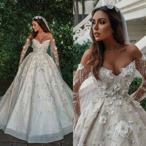 Elegant A Line Women Hochzeitskleid von Schulter Langarmes Brautkleider 3d Blumenapplikationen Pailletten Sweep Zugkleid Mitte gemacht