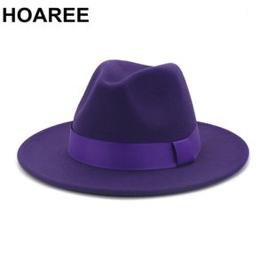 Hoaree Purple Wool Feel Jazz Fedora Hats Mężczyźni Kobiety szeroki giełę Sombrero Brytyjski styl Trilby Formal Panama Cap Solid Dress Hat 240322