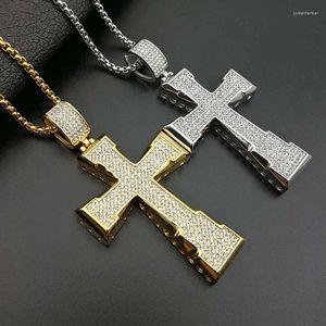 Pendant Necklaces Hip Hop Rhinestones Paved Bling Iced Out Gold Color Stainless Steel Big Cross Pendants Necklace For Men Rapper Jewelry