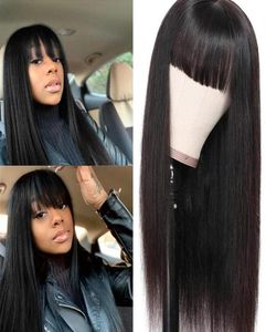 Black Women039s Long Straight Lace Front Wig Brazilian Virgin Heat Resistant Hair Wig With Neat Bangs Ingen limmaskin Made7854197