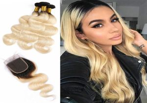 Extensões de cabelo virgem brasileira 3 pacotes com fechamento de renda 4x4 com cabelos para bebê onda 1b613 ombre Human Hair 4 peças Um lot2079821