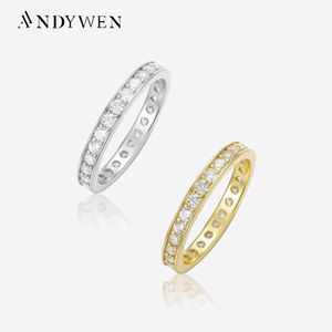 Anéis de banda Andywen 100% 925 Sterling Silver Gold Gold 2,8mm Square CZ Ring de zircão para mulheres Cristal de casamento de luxo Jóias requintadas 2023 Round JE J240410