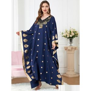 Ethnische Kleidung im Nahen Osten muslimischer Frauen blaue Bronzing gedruckte Fledermaushülle lose lässige Robe Party Abaya Vestidos Musmanes M DH07P