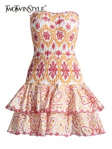 Twotwinstyle Hit Renkli Baskı Elbiseleri Kadınlar Halter Kolsuz Yüksek Bel Kırları Katmanlı Elbise Kadın Moda Giysileri 240408